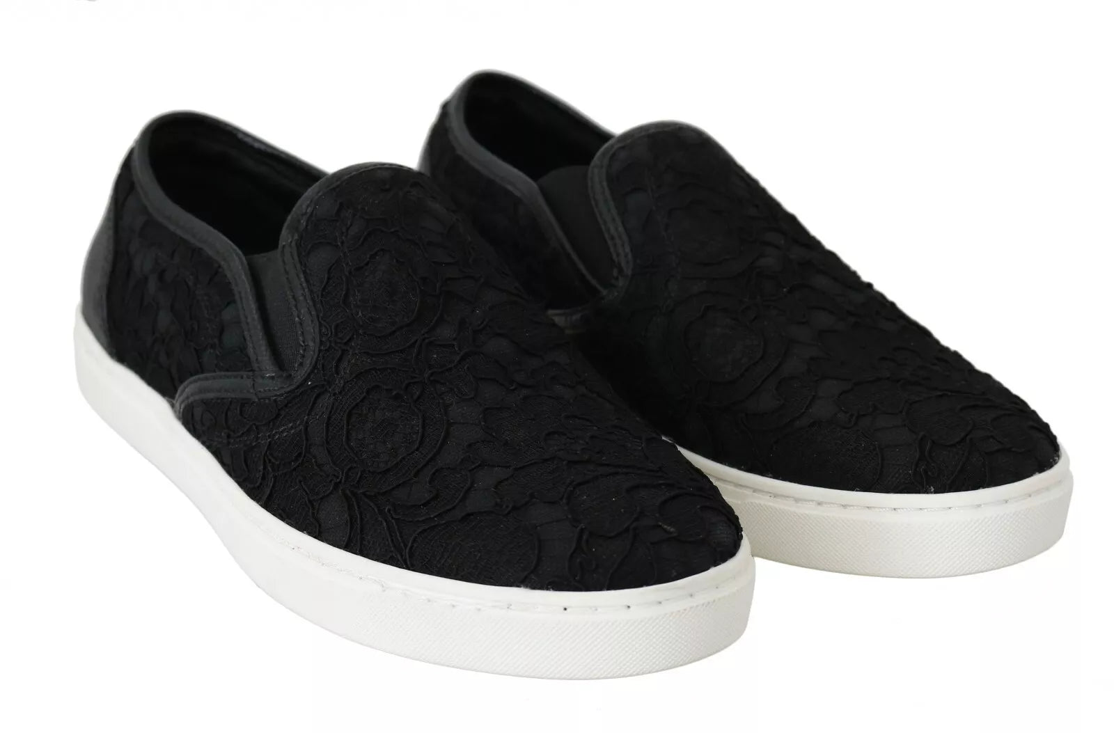 Dolce & Gabbana Black Lace Leather Logo Flat Slip-On Sneakers