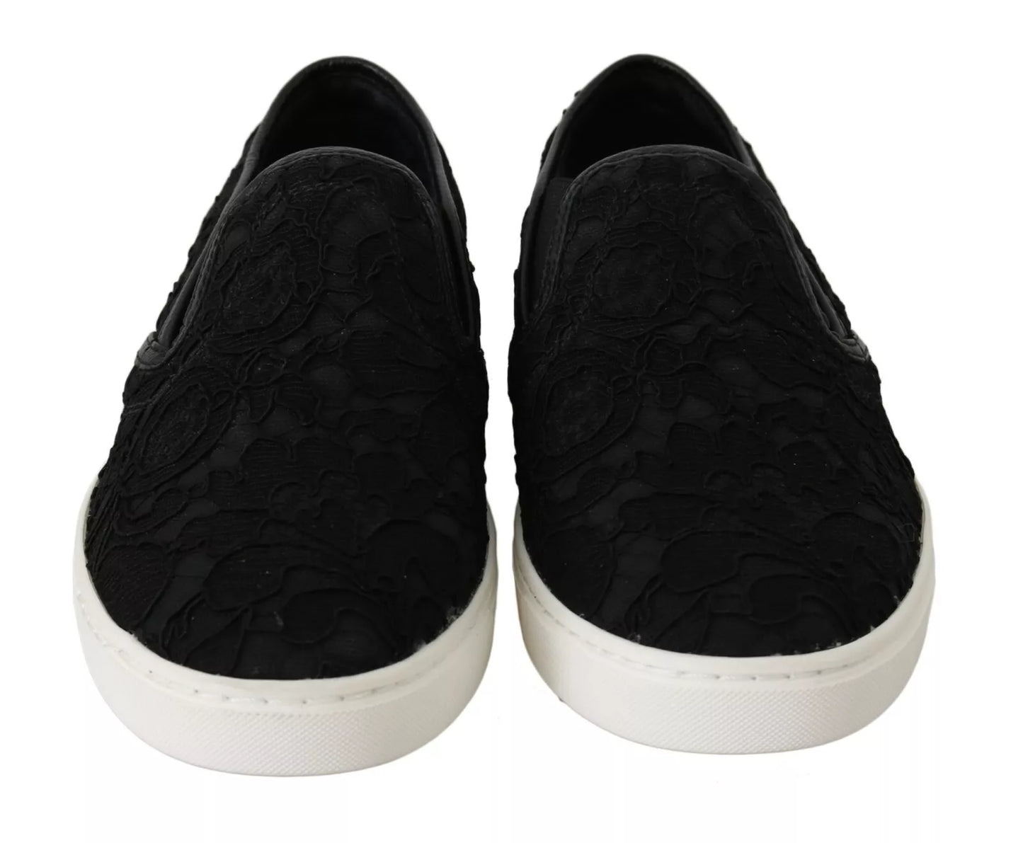 Dolce & Gabbana Black Lace Leather Logo Flat Slip-On Sneakers