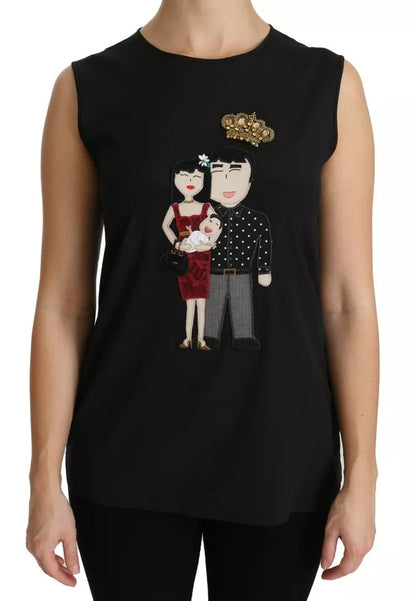 Blusa sin mangas con cristales de la familia DG de seda negra de Dolce &amp; Gabbana