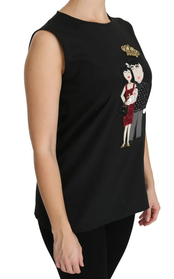 Blusa sin mangas con cristales de la familia DG de seda negra de Dolce &amp; Gabbana