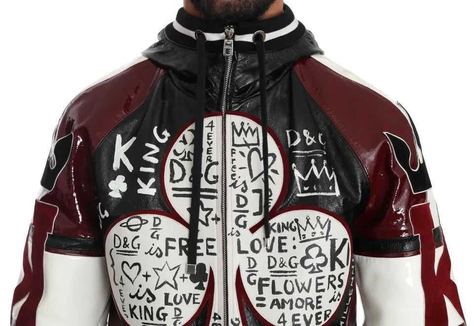 Chaqueta de cuero con capucha DG King of Love en color burdeos y negro de Dolce &amp; Gabbana