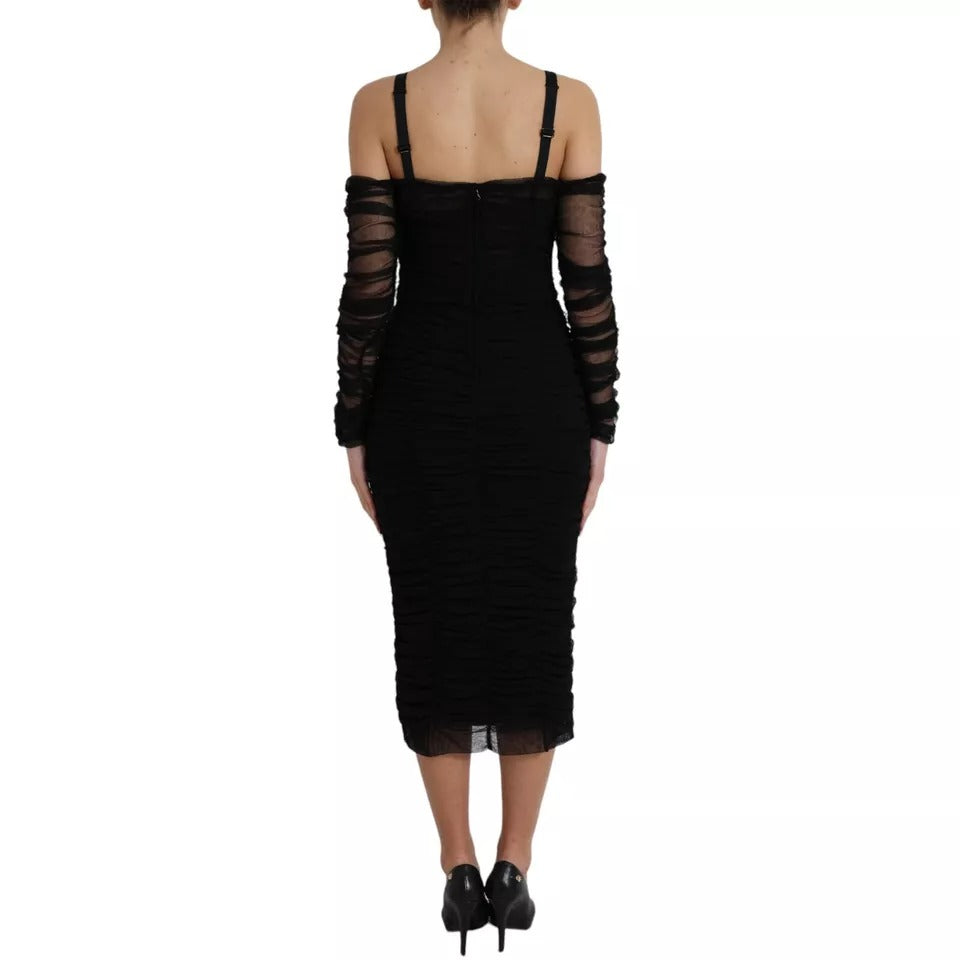 Vestido midi de tul elástico con hombros descubiertos en color negro de Dolce &amp; Gabbana