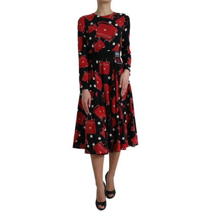 Vestido midi acampanado con estampado de bolso Sicily en negro de Dolce &amp; Gabbana