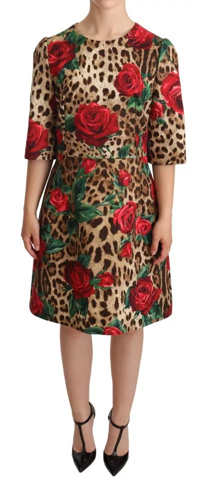 Vestido de algodón con estampado de leopardo y rosas rojas de Dolce &amp; Gabbana en forma de A en marrón