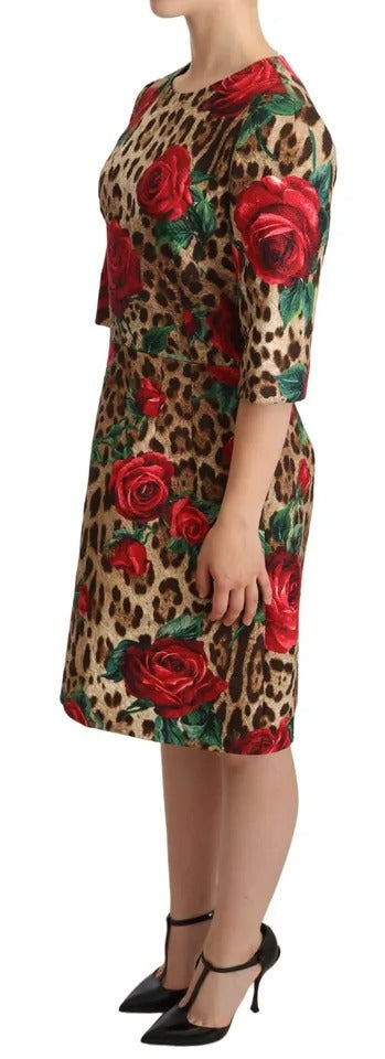 Vestido de algodón con estampado de leopardo y rosas rojas de Dolce &amp; Gabbana en forma de A en marrón