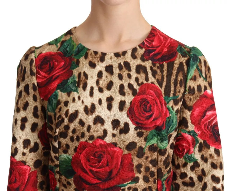 Vestido de algodón con estampado de leopardo y rosas rojas de Dolce &amp; Gabbana en forma de A en marrón