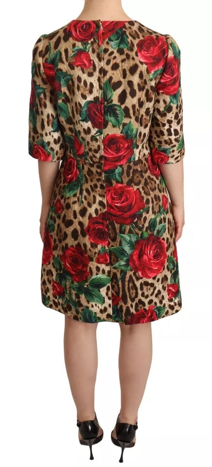 Vestido de algodón con estampado de leopardo y rosas rojas de Dolce &amp; Gabbana en forma de A en marrón