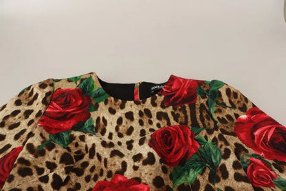 Vestido de algodón con estampado de leopardo y rosas rojas de Dolce &amp; Gabbana en forma de A en marrón