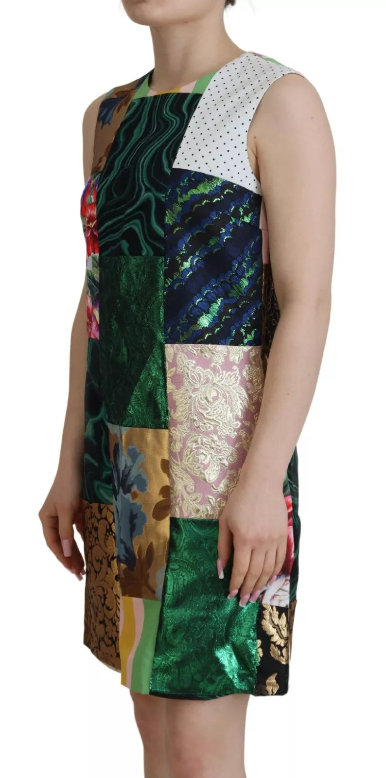 Vestido corto recto con patchwork de jacquard multicolor de Dolce &amp; Gabbana