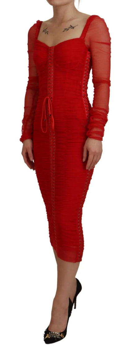 Dolce & Gabbana Red Mesh Trim Bodycon Sheath Midi Dress