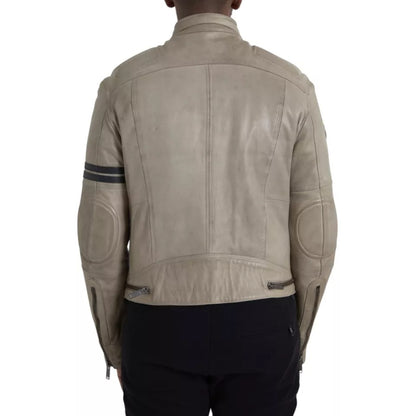 Chaqueta biker de piel beige con cremallera completa de Dolce &amp; Gabbana