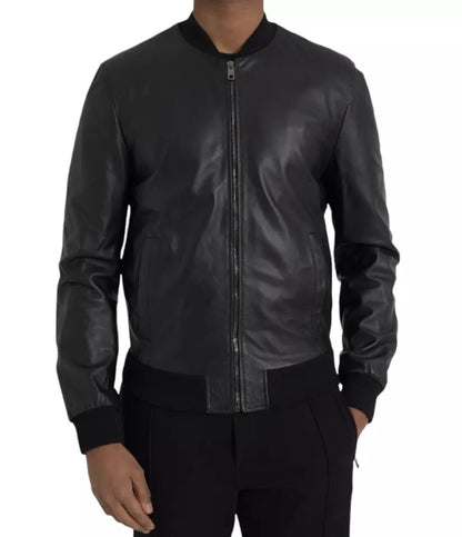 Cazadora estilo motero de piel estilo bomber negra con cremallera completa de Dolce &amp; Gabbana