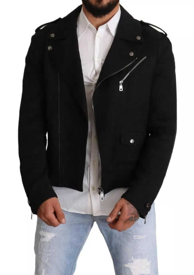 Chaqueta biker con cremallera completa y brocado negro de Dolce &amp; Gabbana