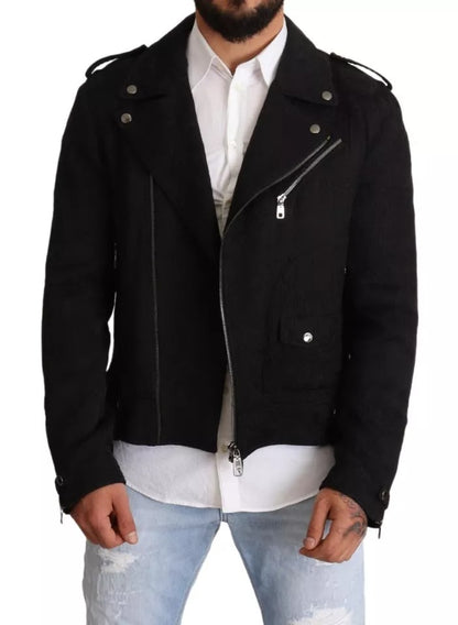 Chaqueta biker con cremallera completa y brocado negro de Dolce &amp; Gabbana