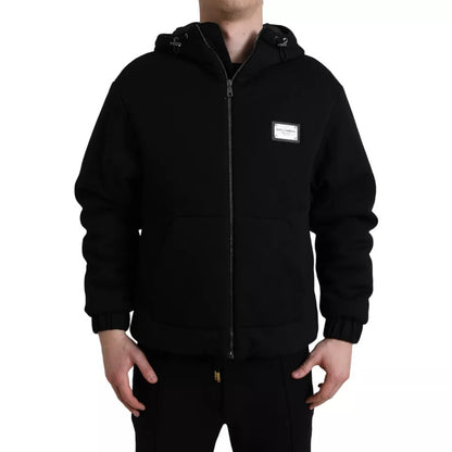 Dolce & Gabbana Black Cotton Hooded Logo Bomber Jacket