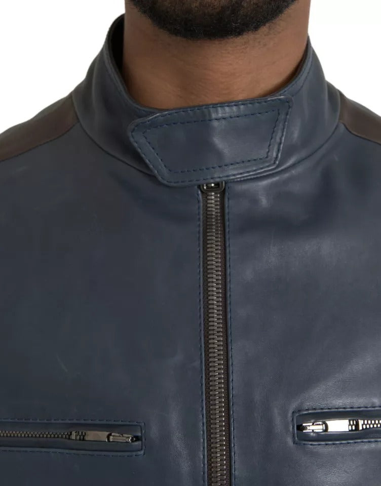 Chaqueta biker con cremallera completa de cuero azul de Dolce &amp; Gabbana