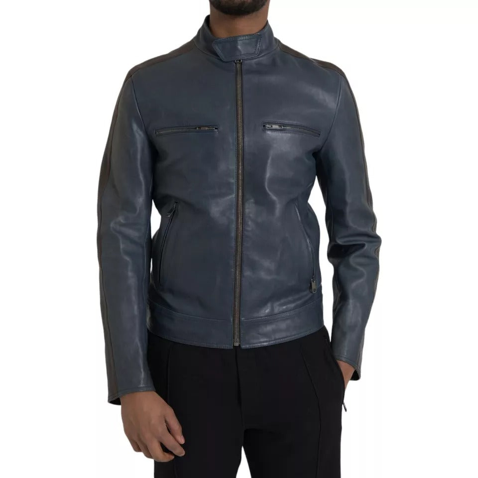 Chaqueta biker con cremallera completa de cuero azul de Dolce &amp; Gabbana