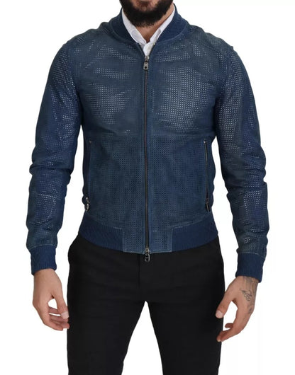 Chaqueta de piel perforada con cremallera completa en azul de Dolce &amp; Gabbana