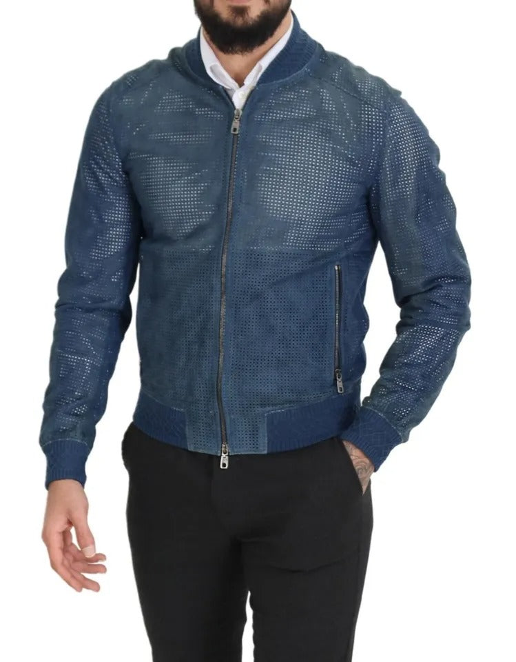 Chaqueta de piel perforada con cremallera completa en azul de Dolce &amp; Gabbana