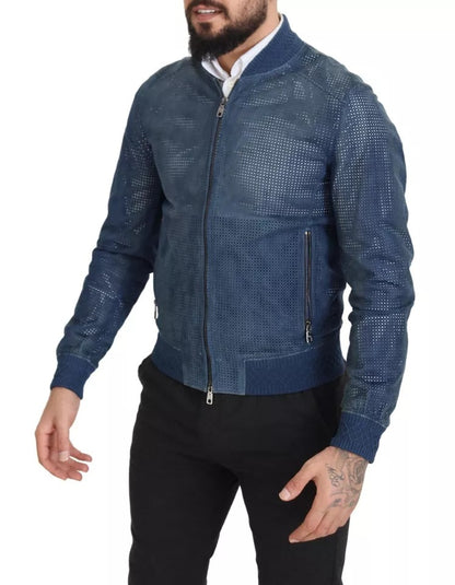 Chaqueta de piel perforada con cremallera completa en azul de Dolce &amp; Gabbana