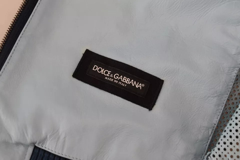 Chaqueta de piel perforada con cremallera completa en azul de Dolce &amp; Gabbana