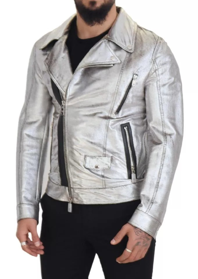 Chaqueta de piel de cordero y abrigo biker de piel plateada de Dolce &amp; Gabbana