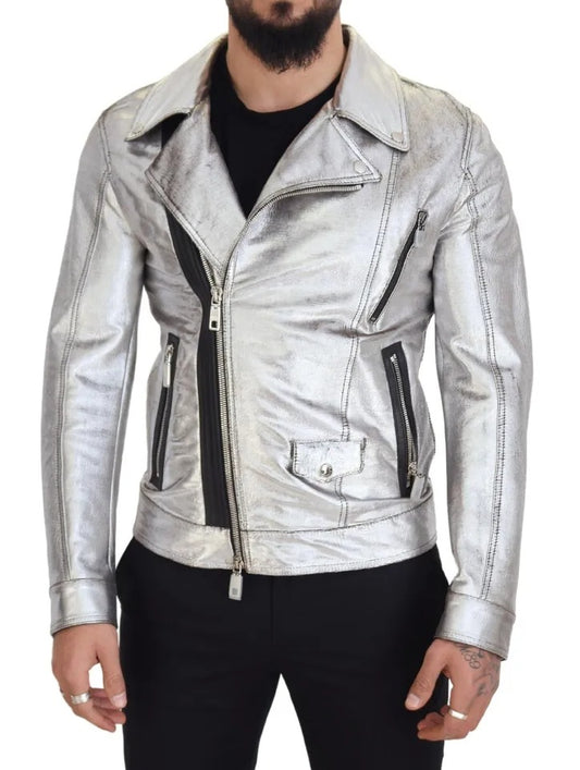 Chaqueta de piel de cordero y abrigo biker de piel plateada de Dolce &amp; Gabbana