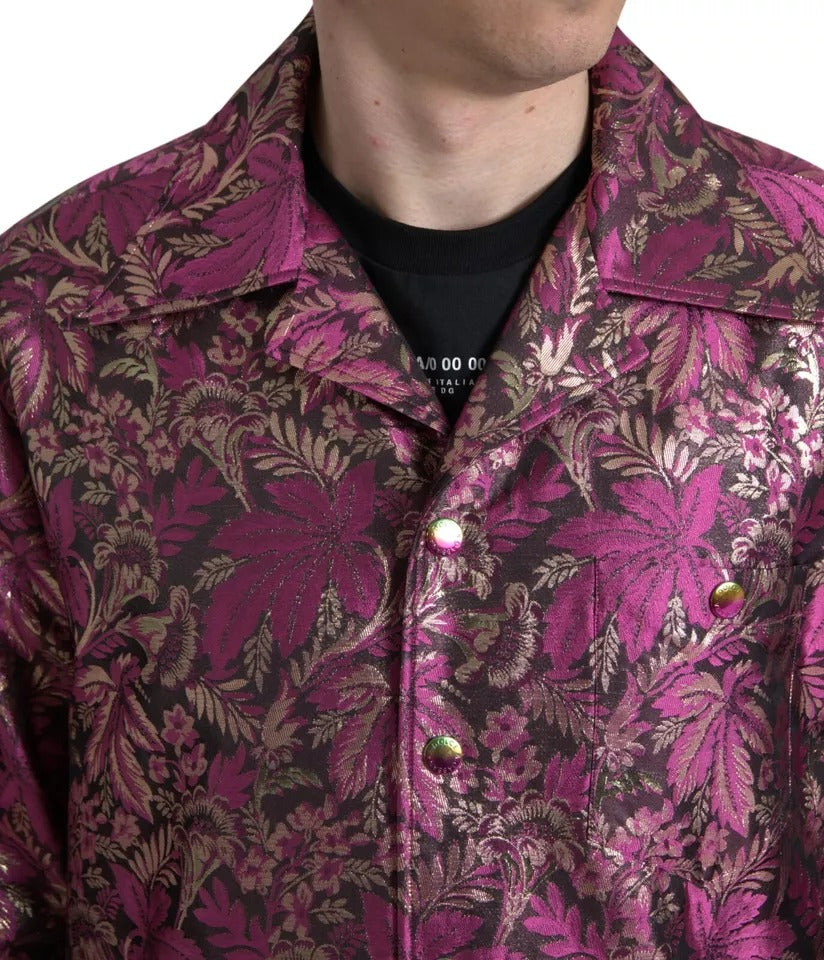 Camisa con botones en jacquard con estampado floral rosa fucsia de Dolce &amp; Gabbana