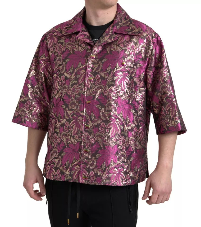 Camisa con botones en jacquard con estampado floral rosa fucsia de Dolce &amp; Gabbana