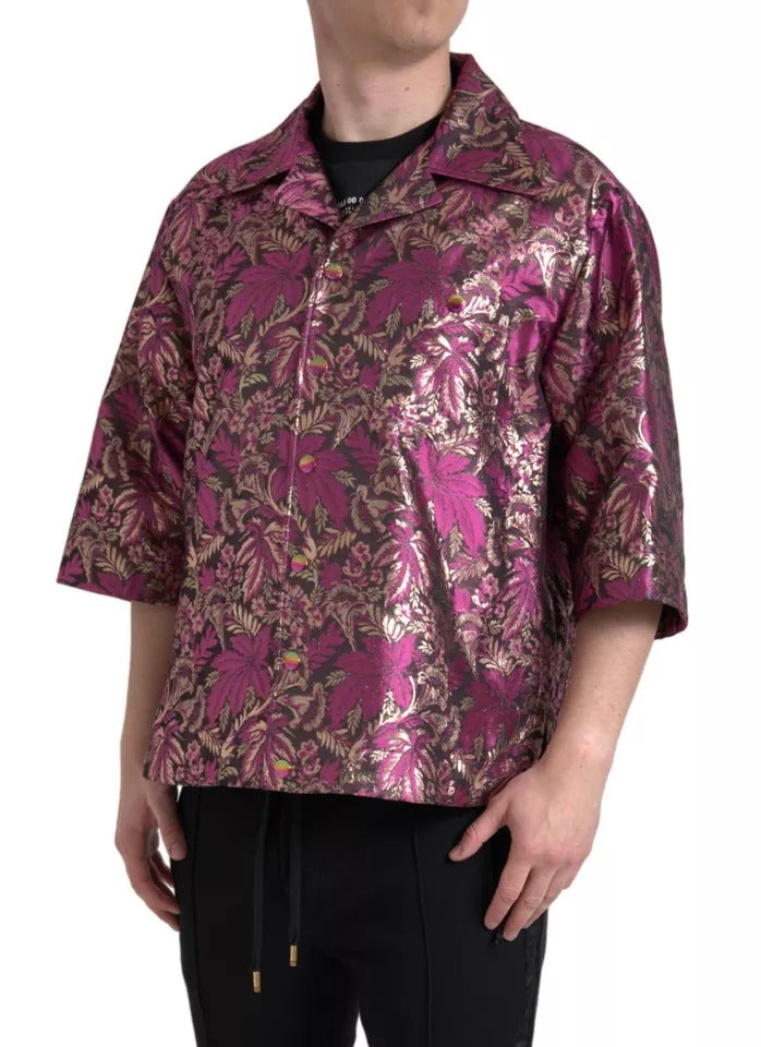 Camisa con botones en jacquard con estampado floral rosa fucsia de Dolce &amp; Gabbana