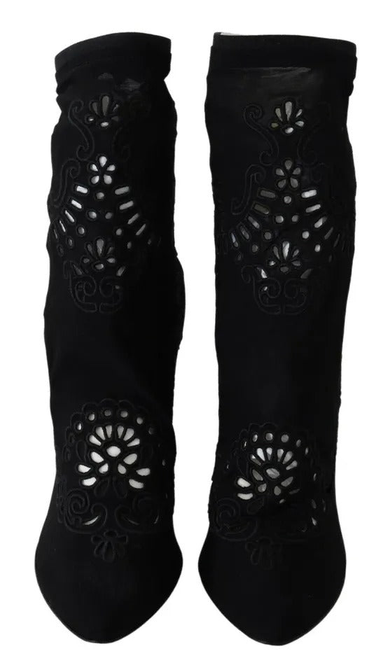 Dolce & Gabbana Black Stretch Pumps Boots Floral Lace Shoes