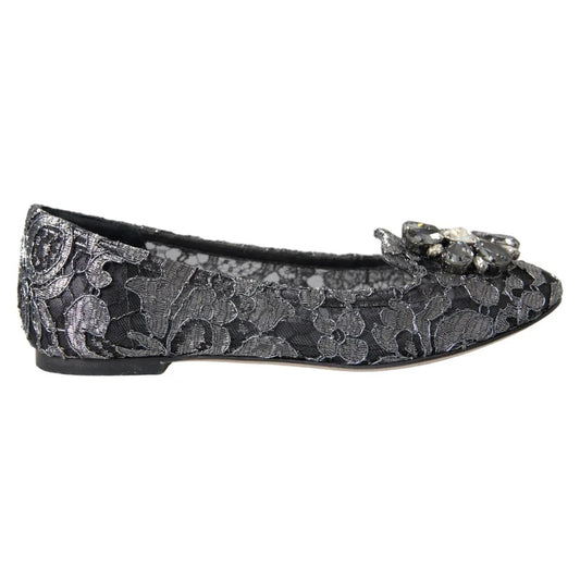 Mocasines de ballet con cristales y encaje en gris y negro de Dolce &amp; Gabbana