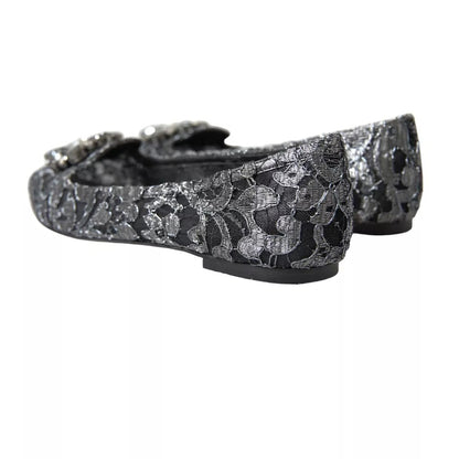 Dolce & Gabbana Gray Black Lace Crystal Ballet Loafers Shoes