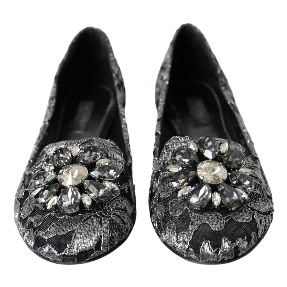 Dolce & Gabbana Gray Black Lace Crystal Ballet Loafers Shoes