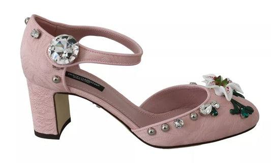 Zapatos con tiras en el tobillo y diseño de lirios de cristal y brocado rosa de Dolce & Gabbana