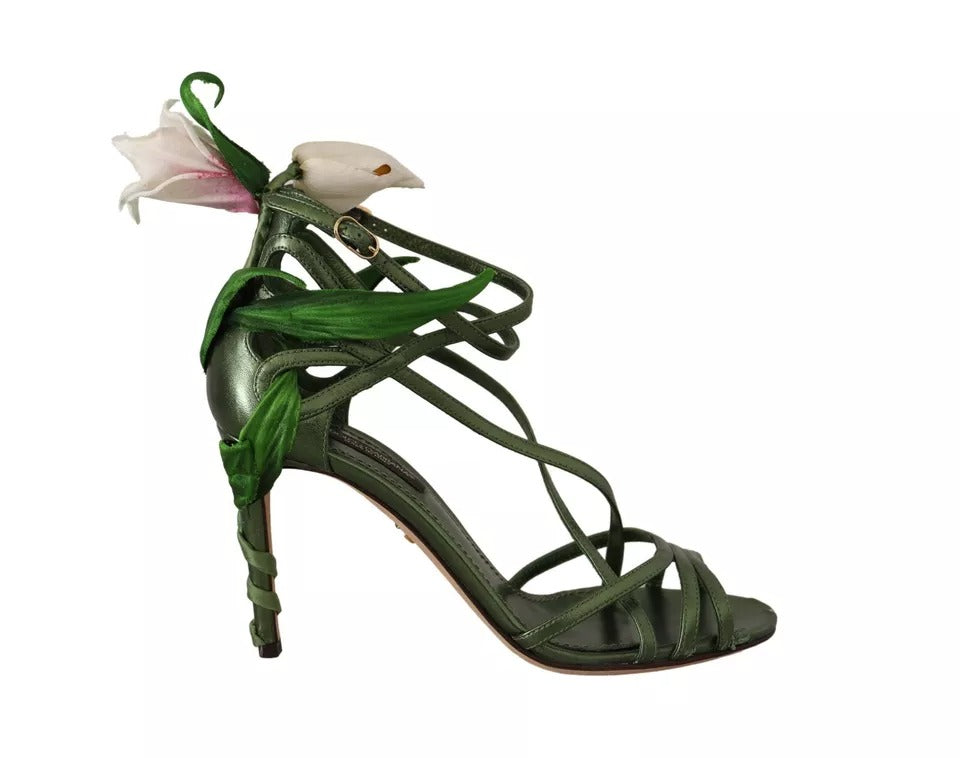 Sandalias de tiras con flores y tacón de piel verde ácido de Dolce &amp; Gabbana