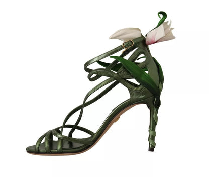 Sandalias de tiras con flores y tacón de piel verde ácido de Dolce &amp; Gabbana