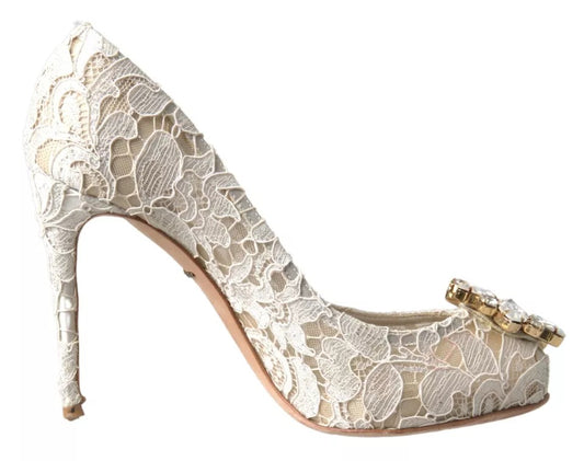 Zapatos de salón con tacón de cristal y encaje Taormina en color blanco de Dolce & Gabbana
