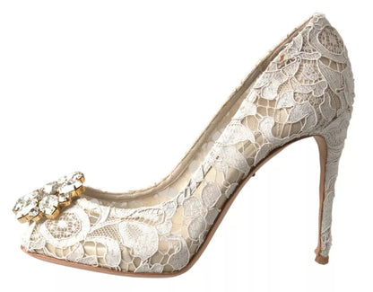 Zapatos de salón con tacón de cristal y encaje Taormina en color blanco de Dolce &amp; Gabbana