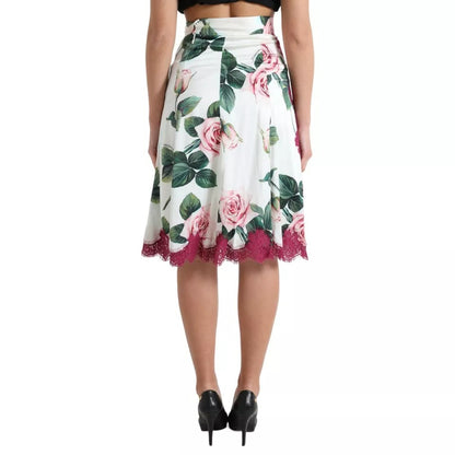 Dolce & Gabbana White Rose Print High Waist Midi A-line Skirt