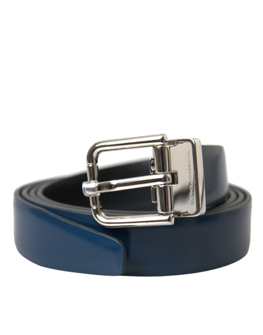 Cinturón con hebilla de metal plateado y piel de becerro azul de Dolce & Gabbana para hombre