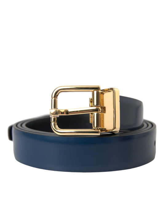 Cinturón con hebilla de metal dorado y piel de becerro azul de Dolce & Gabbana para hombre