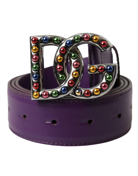 Cinturón con hebilla de metal y tachuelas con logotipo DG de cuero morado de Dolce & Gabbana