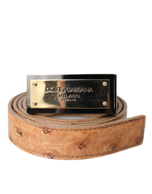 Cinturón de piel beige con hebilla grabada con logotipo dorado de Dolce &amp; Gabbana