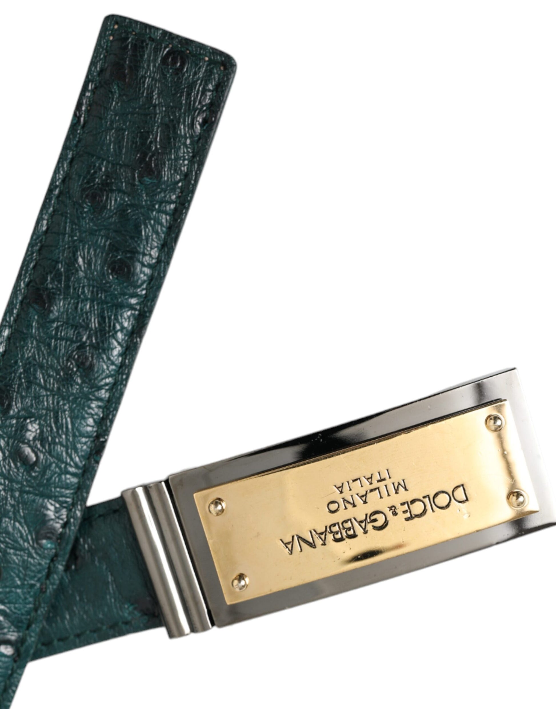 Dolce & Gabbana Green Leather Gold Logo Engraved Buckle Belt