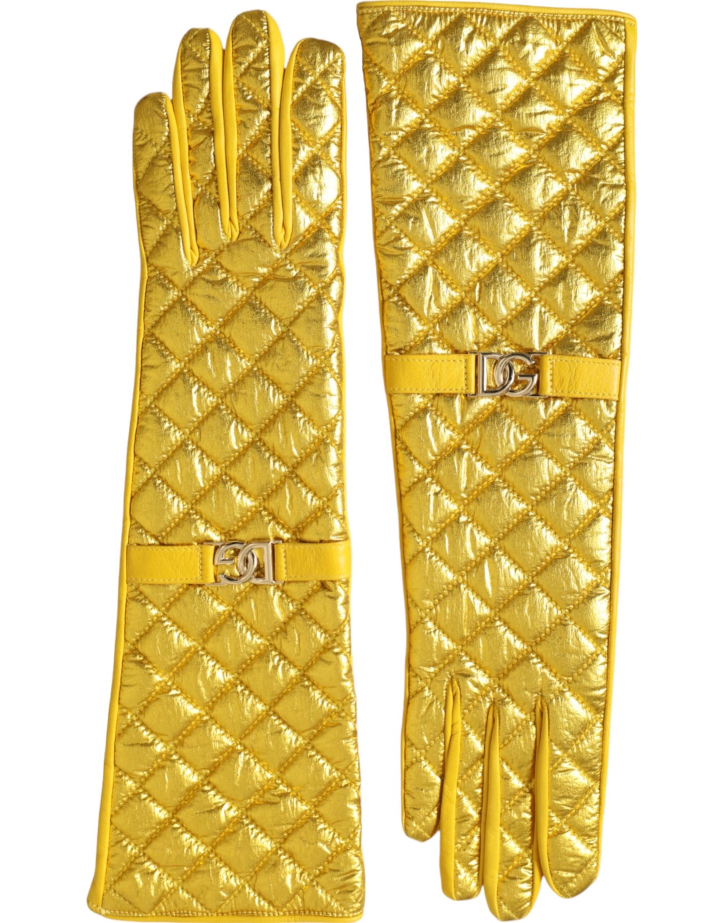 Guantes de cuero dorado acolchados hasta la mitad del brazo de Dolce &amp; Gabbana