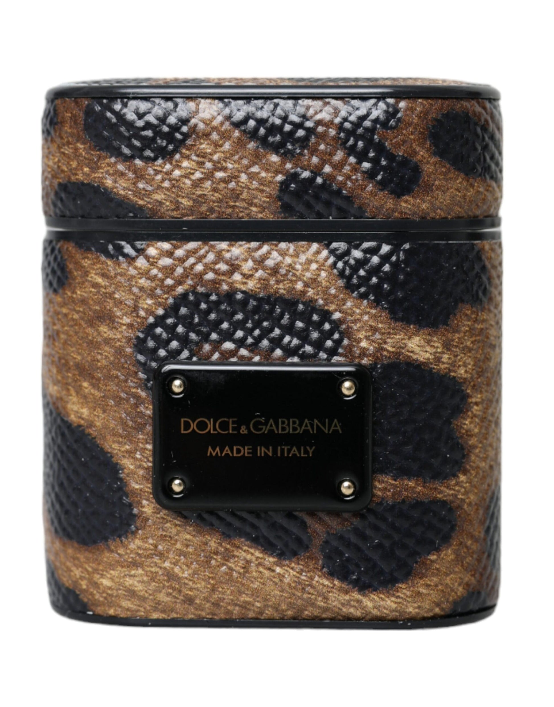 Estuche para Airpods con placa de metal y logotipo de piel de becerro con estampado de leopardo marrón de Dolce &amp; Gabbana