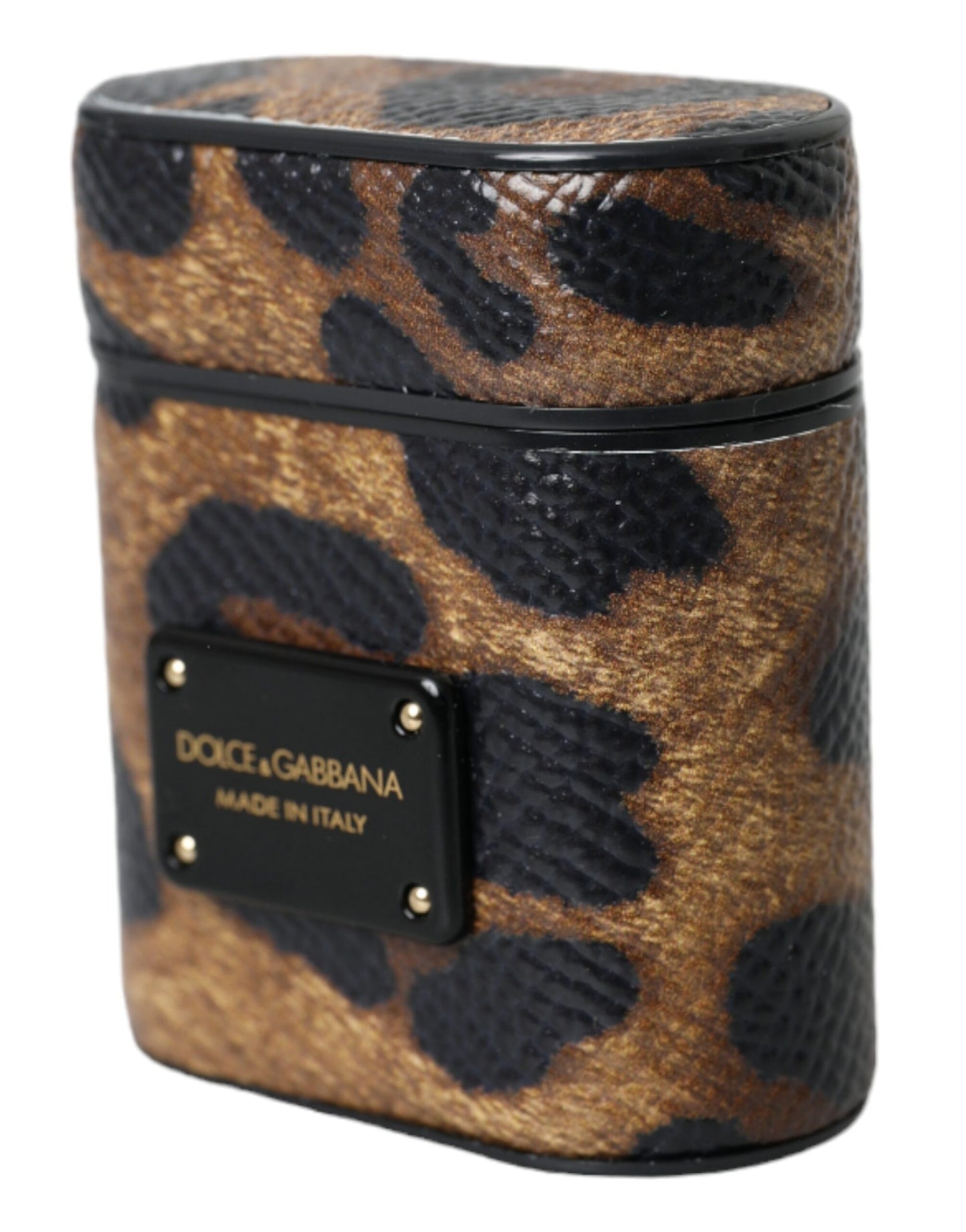 Estuche para Airpods con placa de metal y logotipo de piel de becerro con estampado de leopardo marrón de Dolce &amp; Gabbana