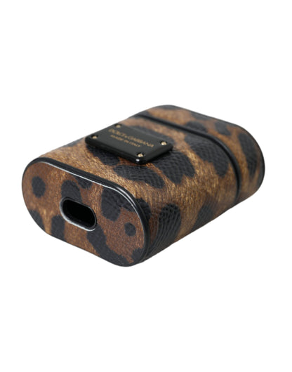 Estuche para Airpods con placa de metal y logotipo de piel de becerro con estampado de leopardo marrón de Dolce &amp; Gabbana