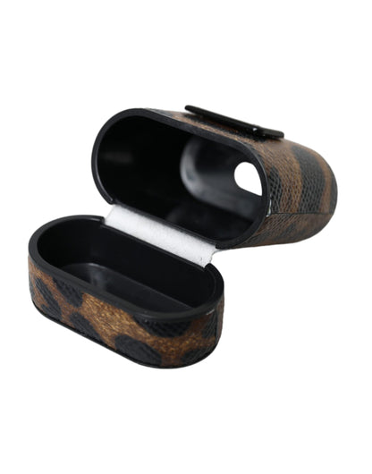 Estuche para Airpods con placa de metal y logotipo de piel de becerro con estampado de leopardo marrón de Dolce &amp; Gabbana